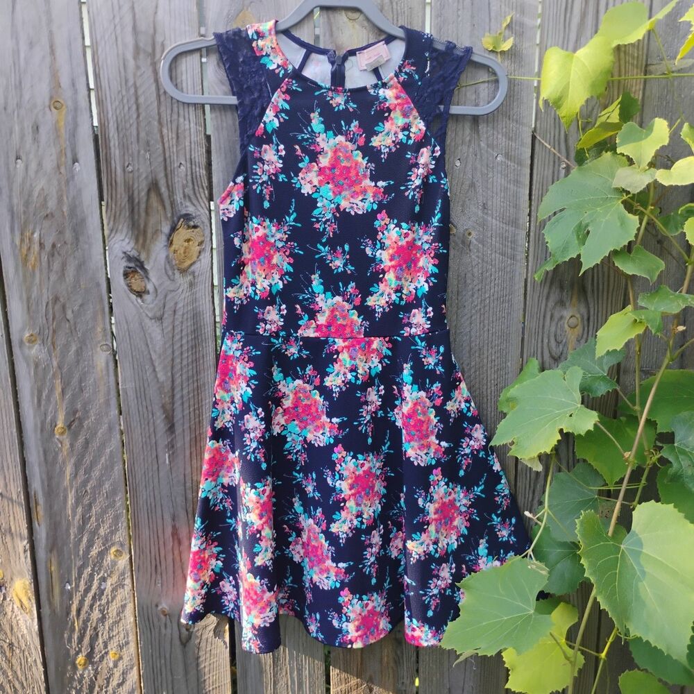 Love Ady Navy Blue Floral Fit & Flare Dress Lace Cap Sleeve Textured Knit Medium